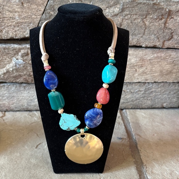 Chico's Jewelry - Chico’s multi colored statement necklace with large gold circle pendant